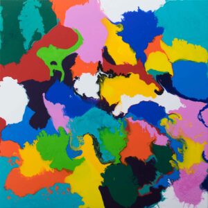 fluid acrylic abstract painting in red, yellow, green, blue, pink, and turquoise, inspired by patchwork quilts and childhood memories