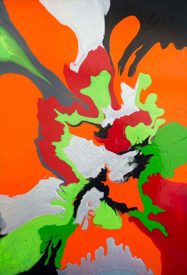 abstract painting in red, green and orange