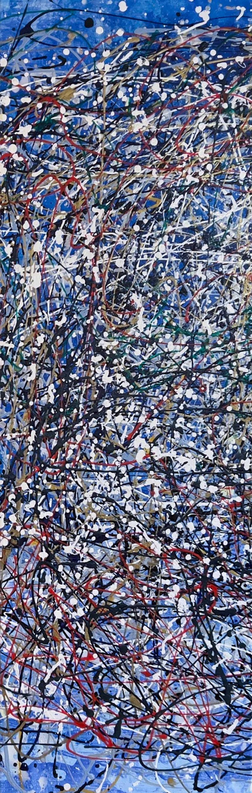 abstract triptych painting with red, blue, and white splashes that glows at night with a luminous star-like effect