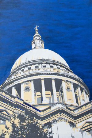 Expressive painting of St Paul’s Cathedral dome against a deep blue sky, created with layered brushwork and stencil texture.