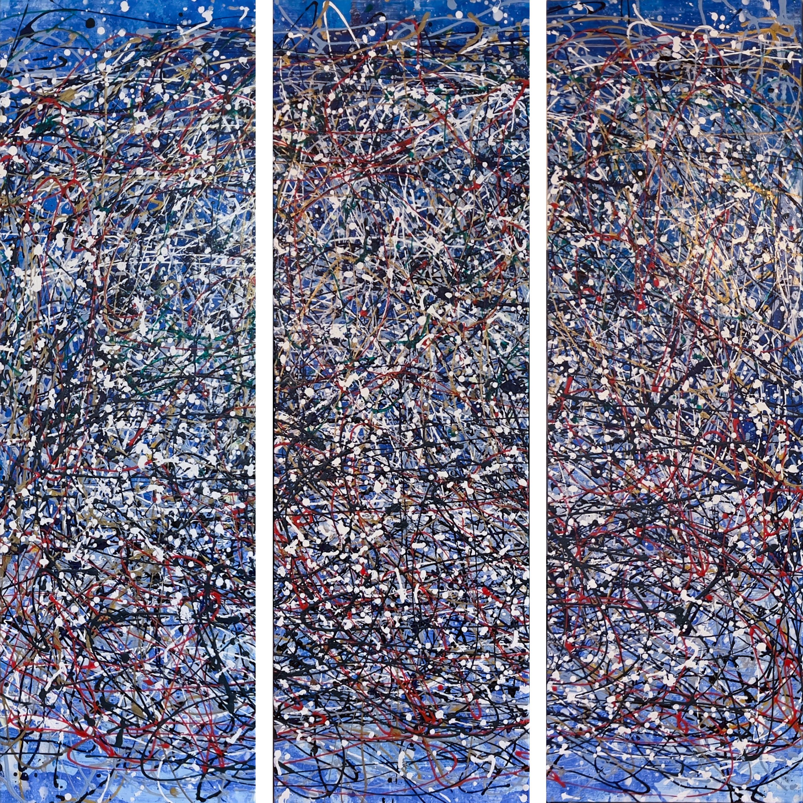 abstract triptych painting with red, blue, and white splashes that glows at night with a luminous star-like effect