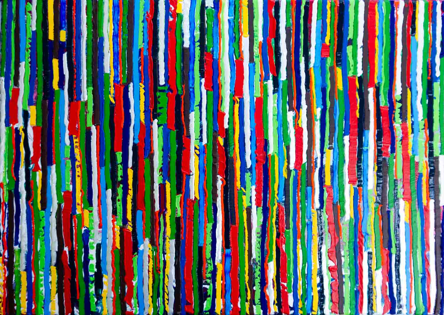 abstract painting with vertical stripes in red, green, blue, yellow and white on a 30 × 40 cm canvas
