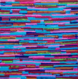 abstract painting with horizontal stripes in turquoise, pink, brown and green on a 30 × 30 cm deep canvas