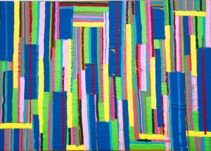 abstract painting with vertical and angular stripes in blue, yellow, green and pink on a 60 × 40 cm deep canvas