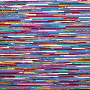abstract painting with horizontal stripes in crimson, lilac, turquoise and white on a 50 × 50 cm canvas