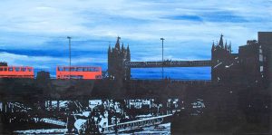 Painting of two vivid red London buses cross Tower Bridge in perfect symmetry, set against the bold silhouette of the bridge and skyline.