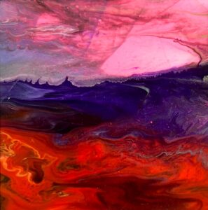 small abstract landscape in red and pink
