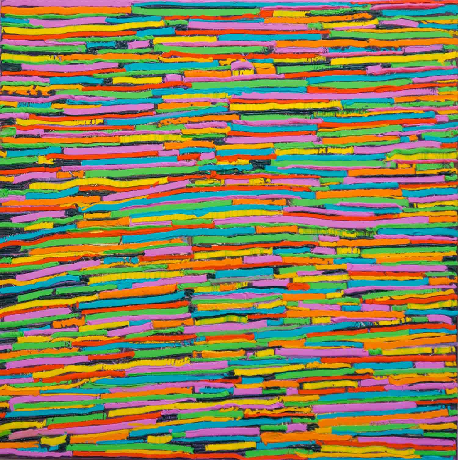 abstract painting with neon stripes in pink, green, orange and yellow on a 30 × 30 cm deep canvas