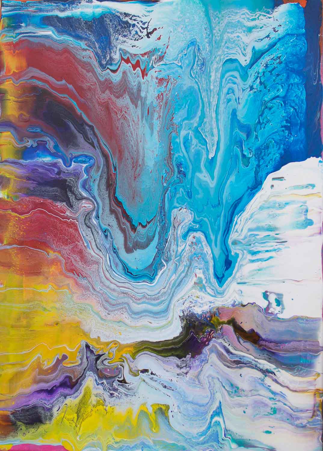 abstract painting with vivid blue tones flowing like ice, accented with crimson, violet, yellow, and white, evoking the energy of a mountain