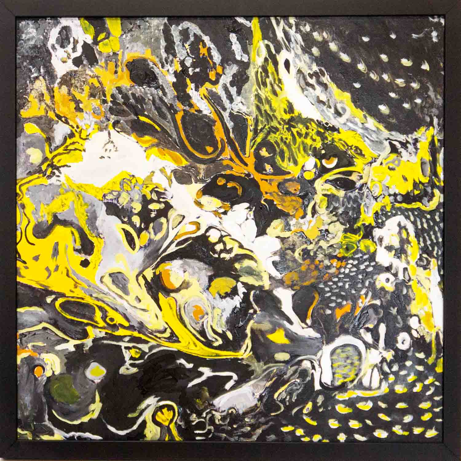 Framed abstract painting in black, yellow, and white with swirling, layered textures suggesting movement and seasonal transformation.