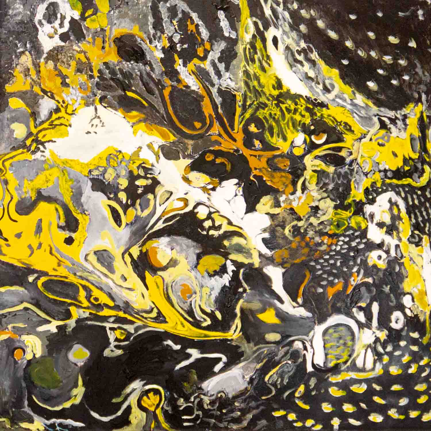 Abstract painting in black, yellow, and white with swirling, layered textures suggesting movement and seasonal transformation.