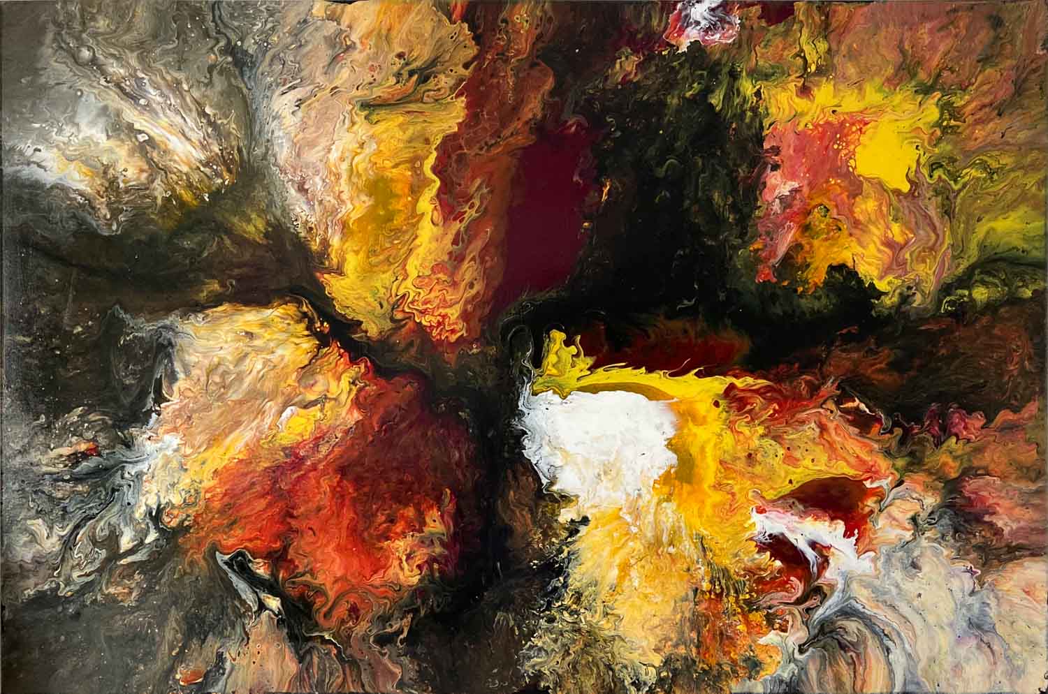 abstract painting with swirling crimson, gold, black, and white forms, resembling a cosmic explosion or galaxy in motion