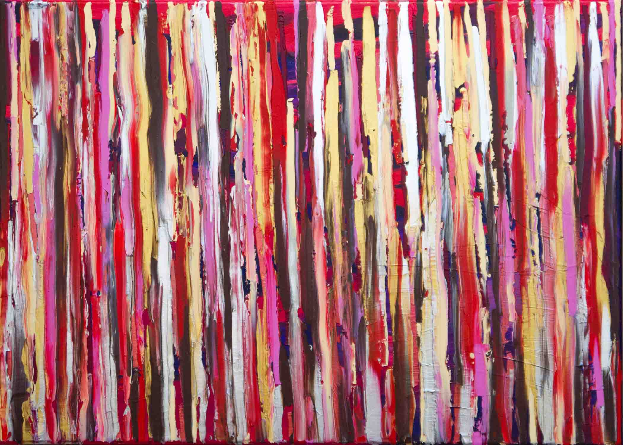 Abstract painting with vertical ribbons of red, pink, gold, and brown, textured acrylic on canvas titled Sensitively Serene.