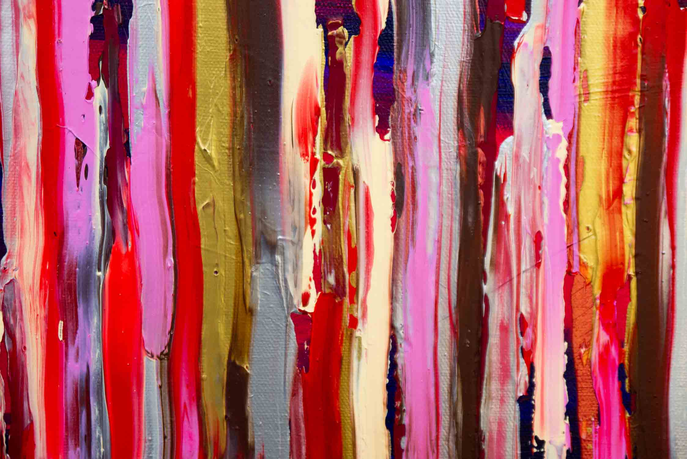 close up of abstract painting with vertical ribbons of red, pink, gold, and brown, textured acrylic on canvas