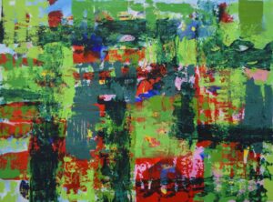 abstract painting in green, red, pink and blue with textured layers on canvas, titled At One With Nature