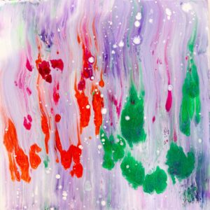 abstract painting with lilac background, green and orange bursts, and scattered white bubbles on a wooden panel