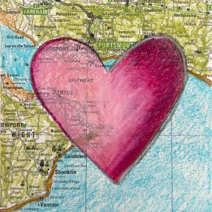 Small framed heart artwork painted over a vintage Hampshire map, rich red tones, presented gift boxed.