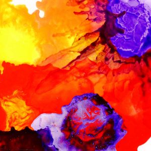 Abstract painting with vivid red, yellow, orange, purple, and blue bursts layered in dynamic composition