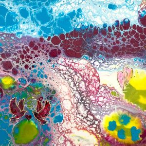 Small framed abstract heart and dove artwork with vibrant turquoise, pink, and gold textures, gift boxed.