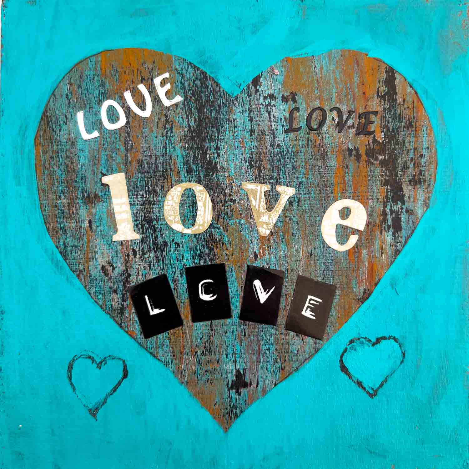 Framed mini heart artwork with layered love text and textured surface, original mixed media painting gift boxed.