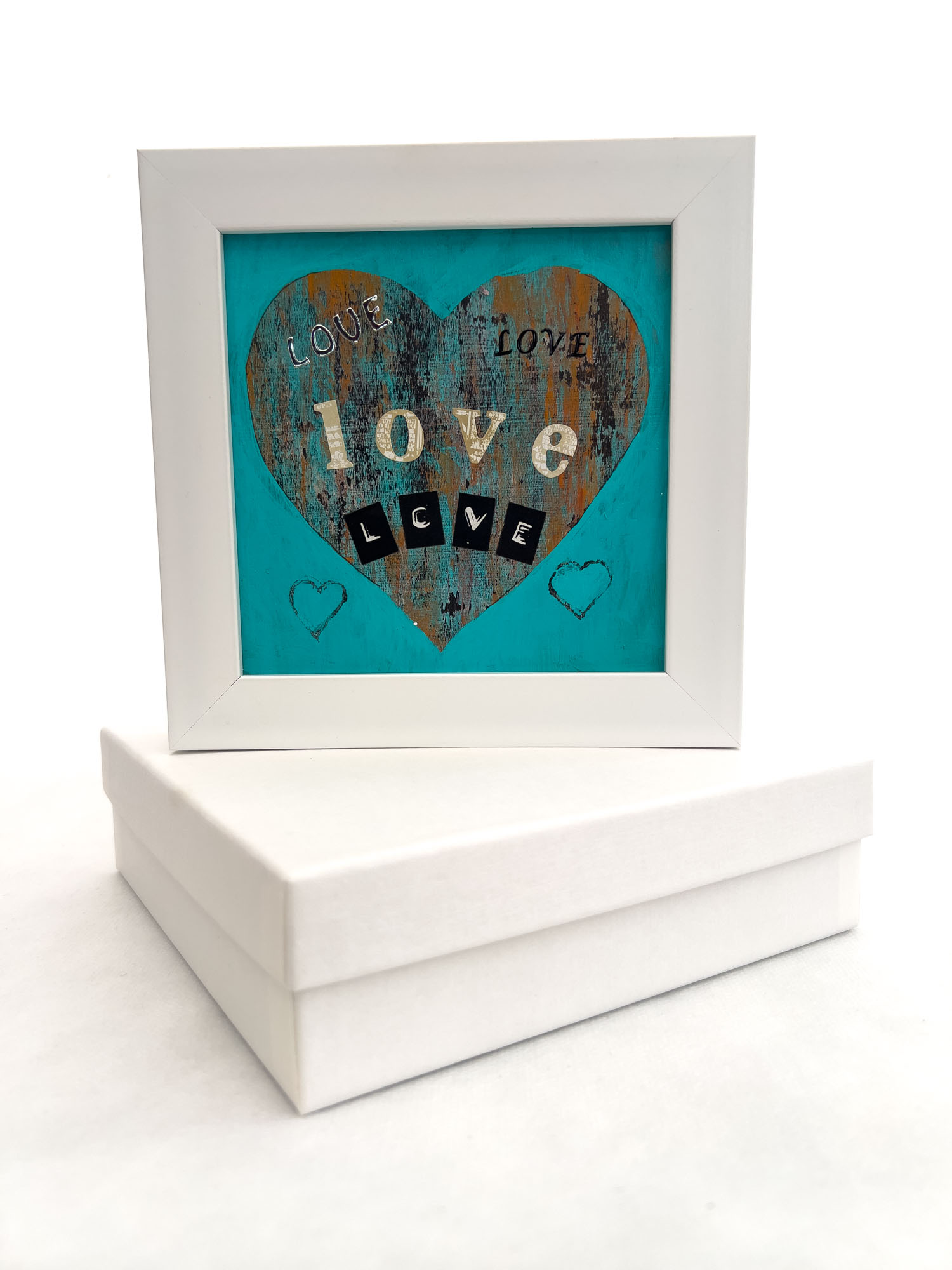 Framed mini heart artwork with layered love text and textured surface, original mixed media painting gift boxed.