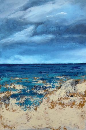 Abstract seascape painting with layered blue tones, textured shoreline and a calm horizon, evoking gentle movement and coastal light.